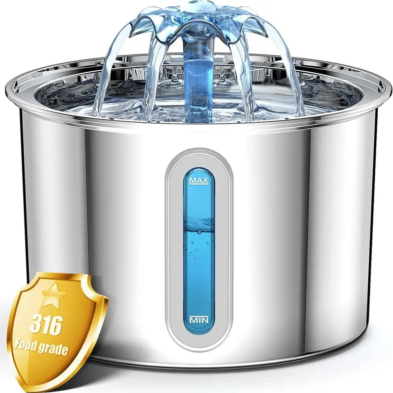 Oneisall Cat Water Fountain 304 Stainless Steel, 2L/67Oz Automatic Water Fountain for Cats Inside, 3 Replacement Filters & Visual Water Level Window with Led/Pet Petgeekdispenser