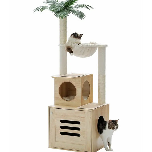 Modern Cat Tree with Litter Box and Scratching Posts - Rustic Brown/Beige