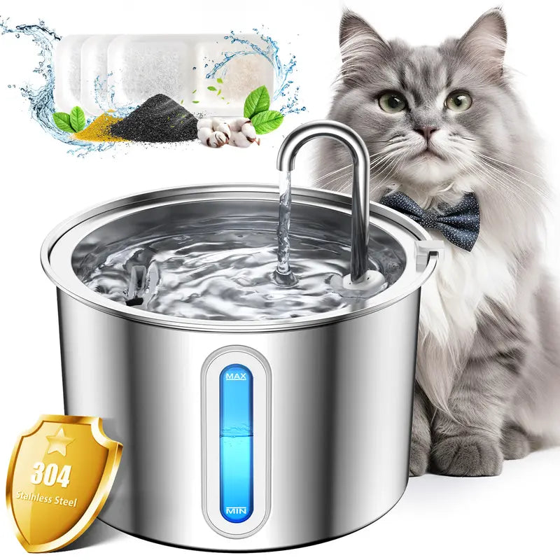 Oneisall Cat Water Fountain 304 Stainless Steel, 2L/67Oz Automatic Water Fountain for Cats Inside, 3 Replacement Filters & Visual Water Level Window with Led/Pet Petgeekdispenser